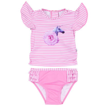DEUX PAR DEUX ENSEMBLE RASHGUARD DEUX-PIÈCES RAYÉ ROSE ILLUSTRÉ LICORNE, BÉBÉ FILLE – Image 2